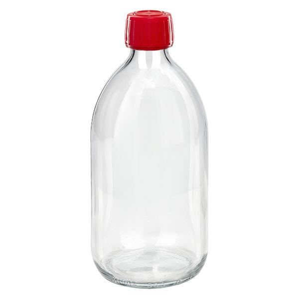 Frasco de medicamento de 500ml transparente, tampa vermelha com anel inviolável ApoGlas