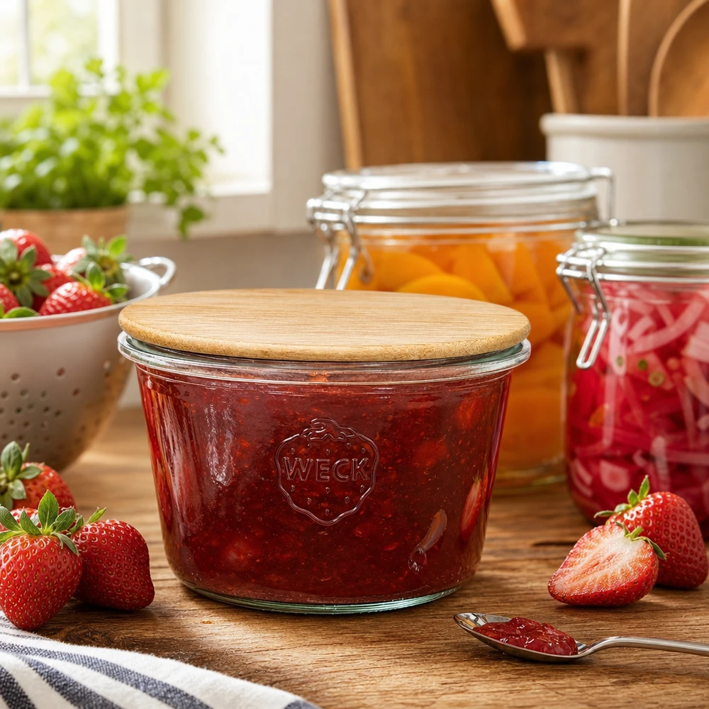 Frasco giratório WECK RR100 cheio de compota de morango num ambiente de cozinha com morangos frescos e frascos de conserva