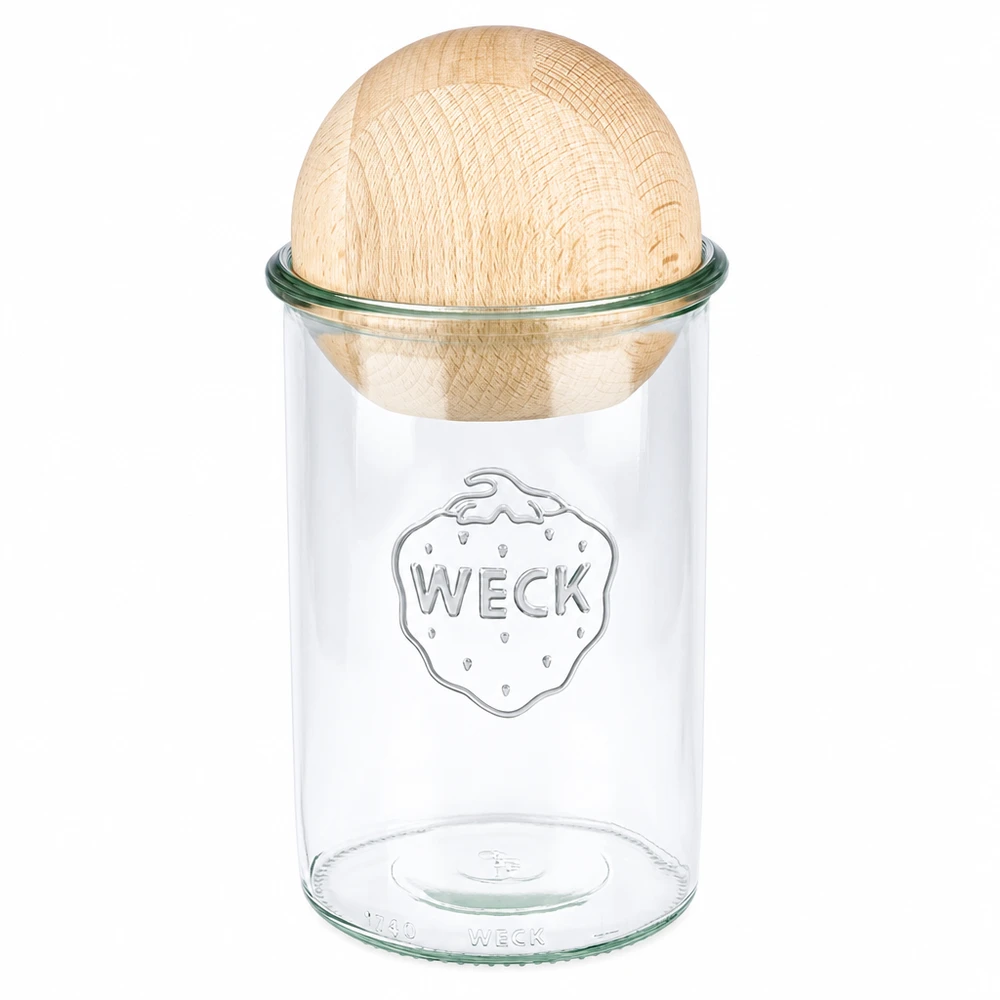 Copos de vidro de 1000ml WECK RR100 com bola de madeira faia Copos WECK 1000ml RR100 com tampa esférica de madeira de faia, frasco de conserva com logótipo em fundo branco