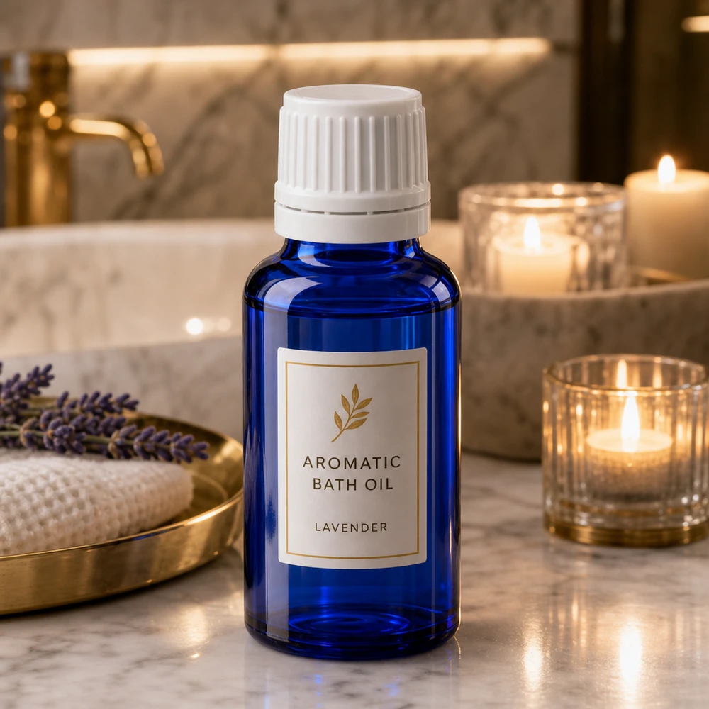 Frasco de farmácia azul 20ml tampa de rosca branca fecho inviolável Óleo aromático de lavanda para o banho num frasco de farmácia azul cobalto de 20 ml com tampa de rosca branca