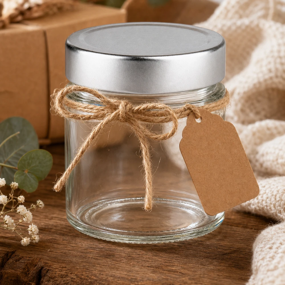 Frasco redondo de 135 ml com tampa prateada decorativo com cordão de juta e etiqueta de papel kraft embalagem rústica para presente