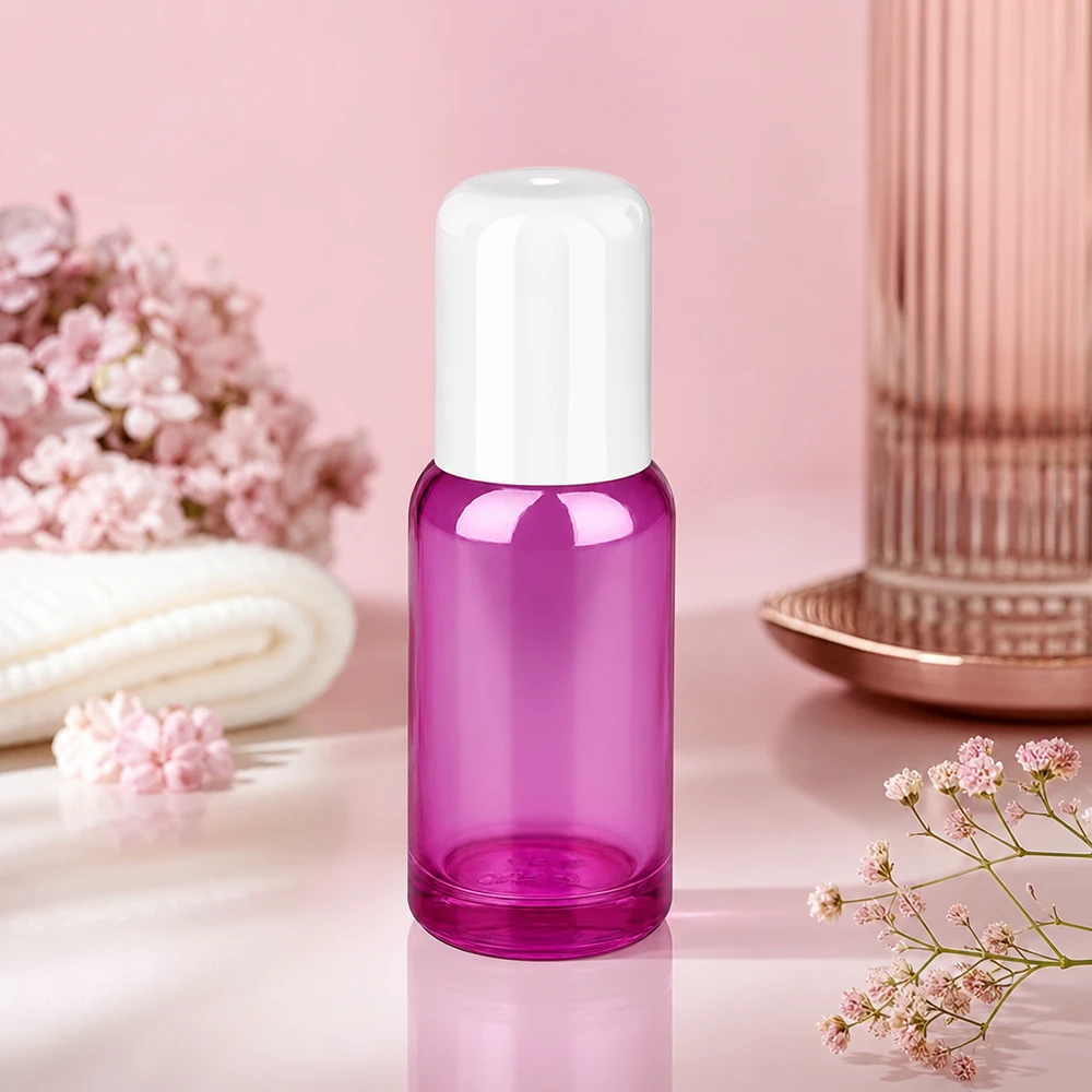 Frasco roll-on de 20 ml branco padrão PurpleLine UT18/20 Frasco de vidro de alta qualidade de 20 ml com tampa de enrolar em roxo transparente para produtos cosméticos