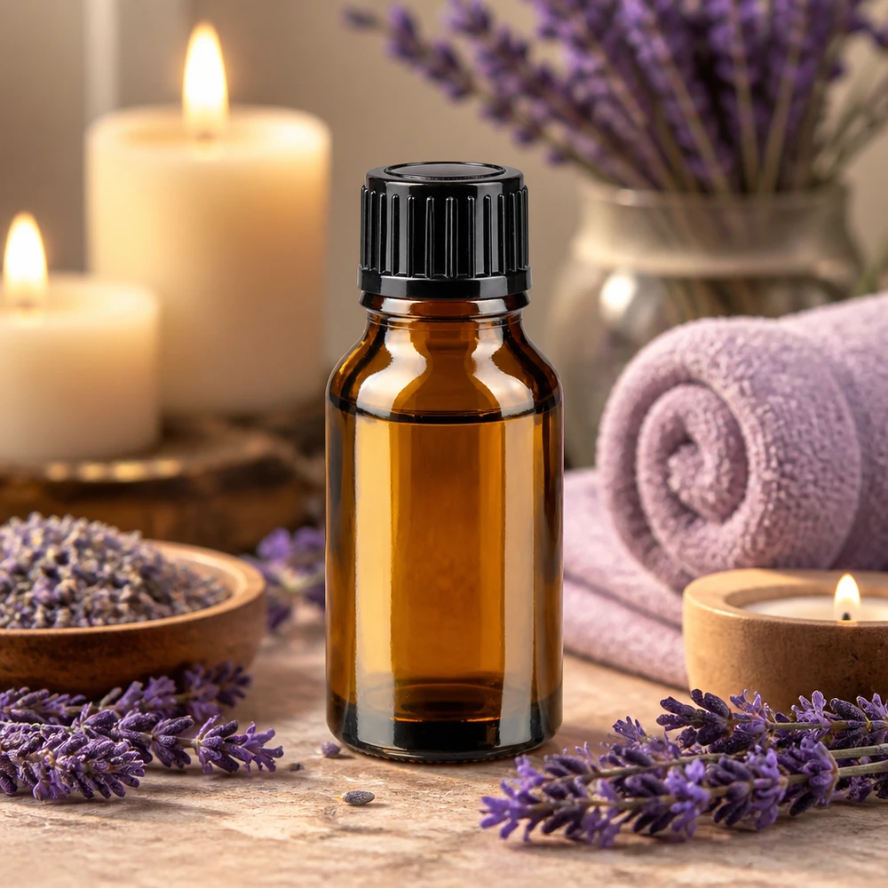 Frasco de farmácia de 15 ml em vidro castanho com tampa de rosca preta, rodeado por flores de lavanda e velas