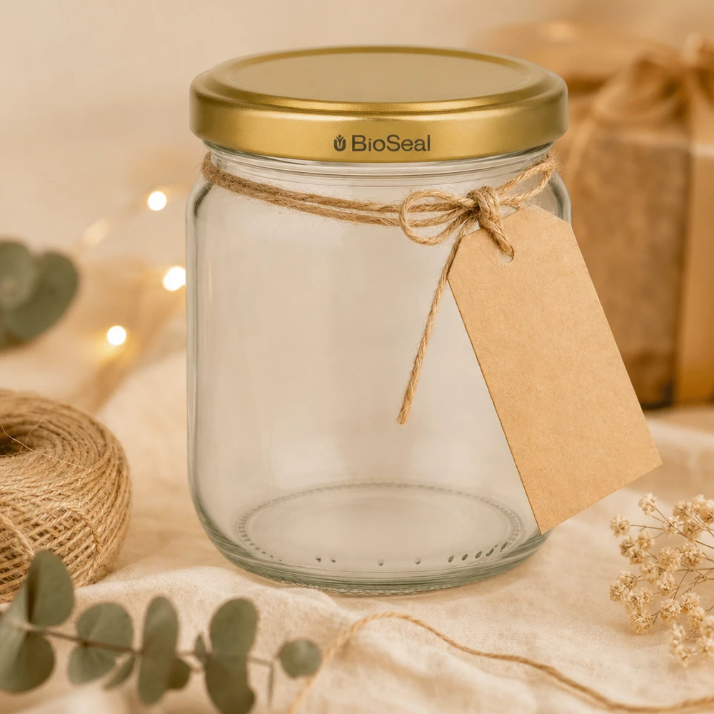 500g Honigglas mit goldenem Deckel BioSeal UNiTWIST Frasco de mel BioSeal de 500 g vazio com etiqueta de oferta e fio de juta, decorado com flores secas