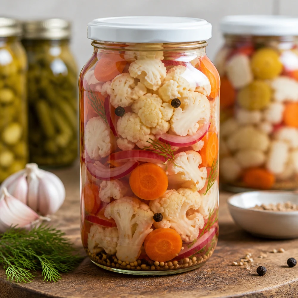 Frasco redondo de 1062 ml Tampa BasicSeal com legumes em conserva Couve-flor Cenoura Pickles mistos Frasco de conservação