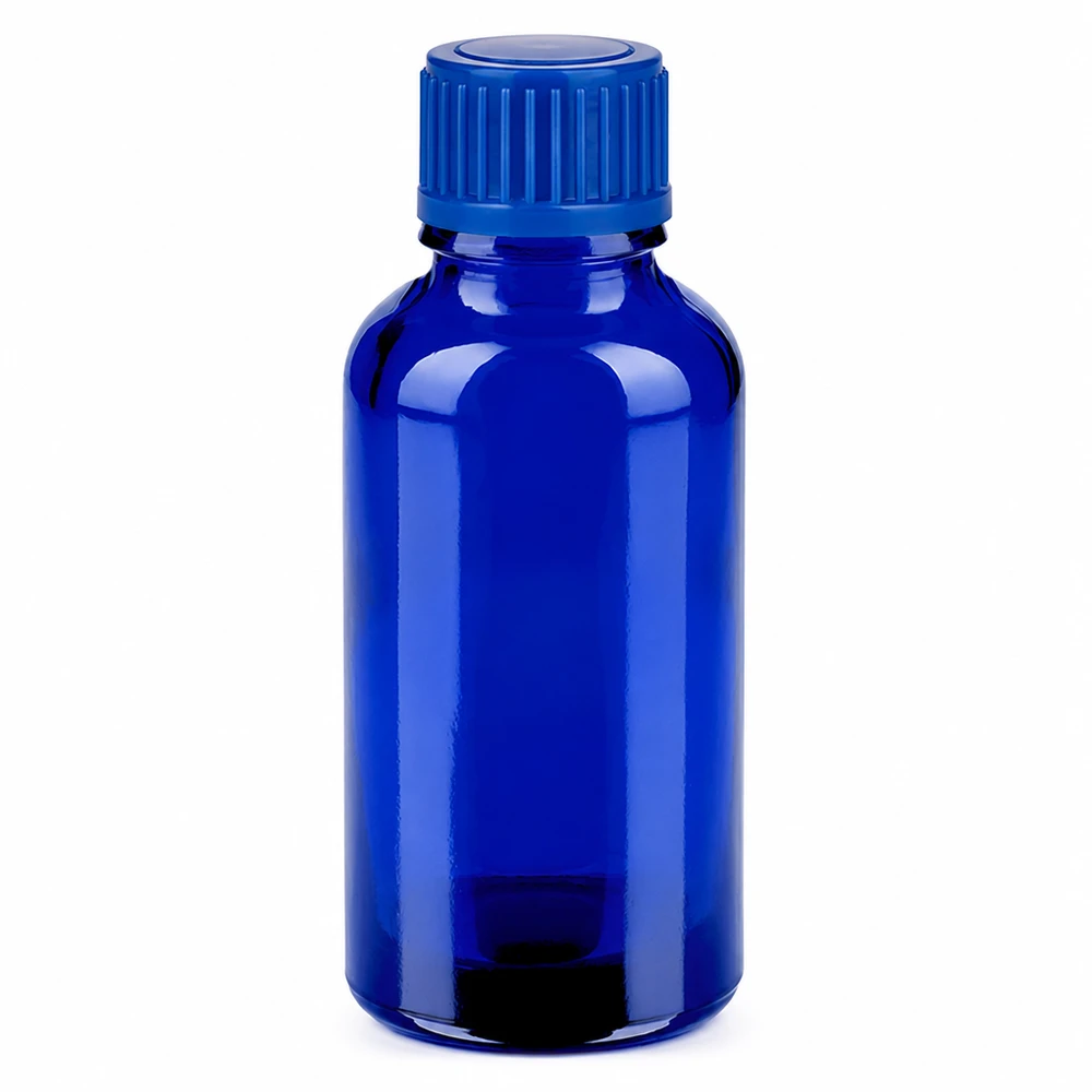 Frasco de 30ml 11mm com tampa de rosca azul Standard BlueLine UT18/30 Frasco de vidro azul de 30 ml com tampa de rosca para óleos essenciais e cosméticos