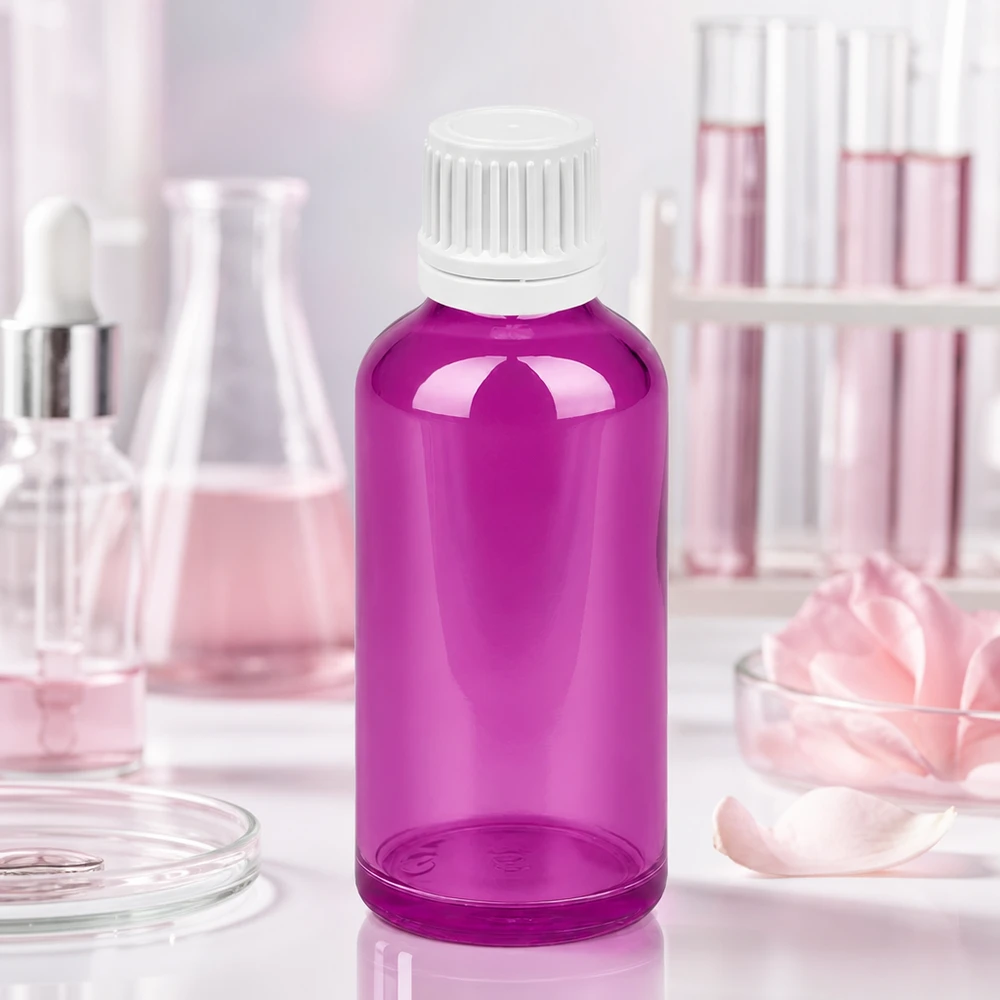 Frasco compacto de vidro violeta de 50 ml com tampa de segurança para crianças para laboratórios e farmácias