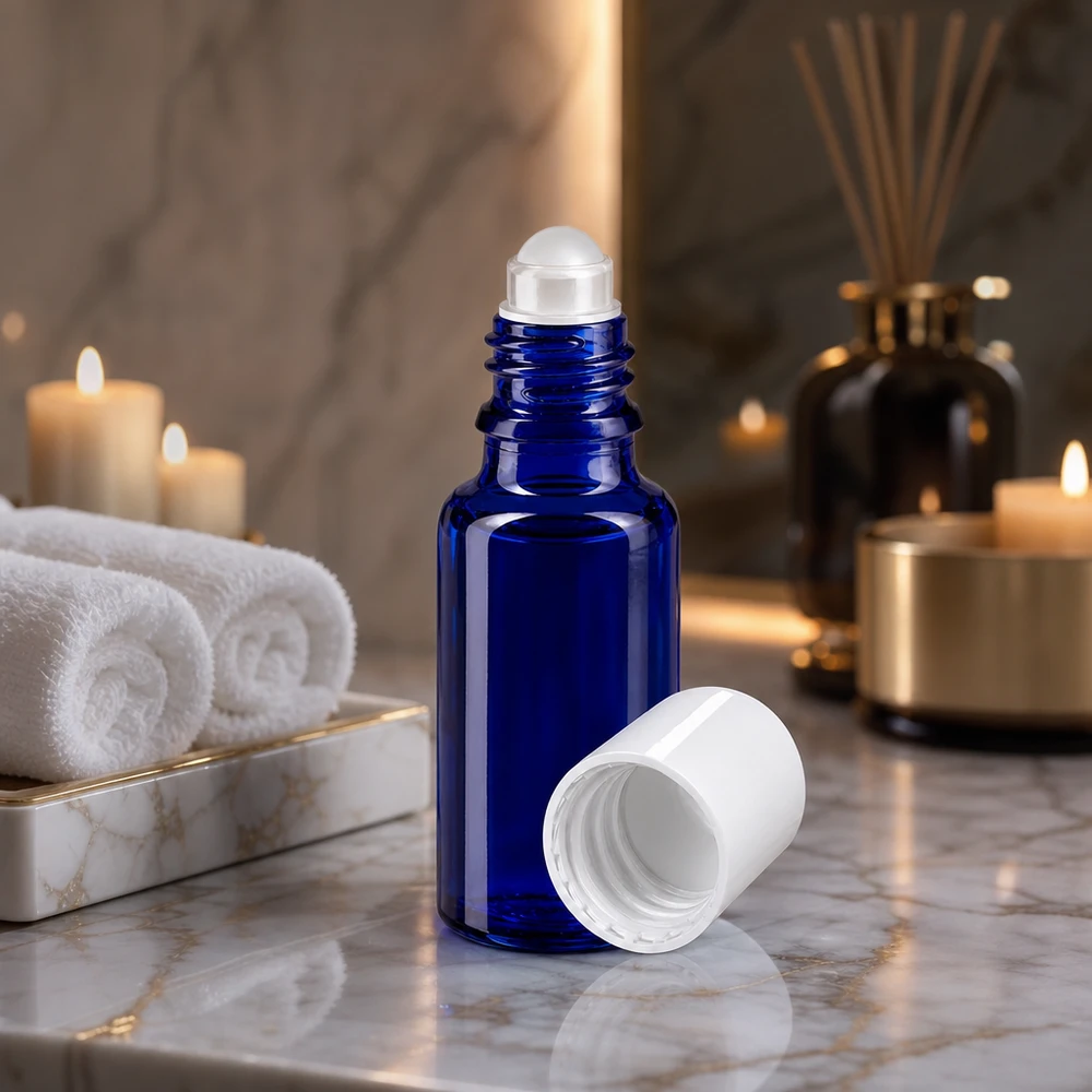 Frasco roll-on azul cobalto de 20 ml com tampa branca sobre uma superfície de mármore, ao lado de velas e toalhas