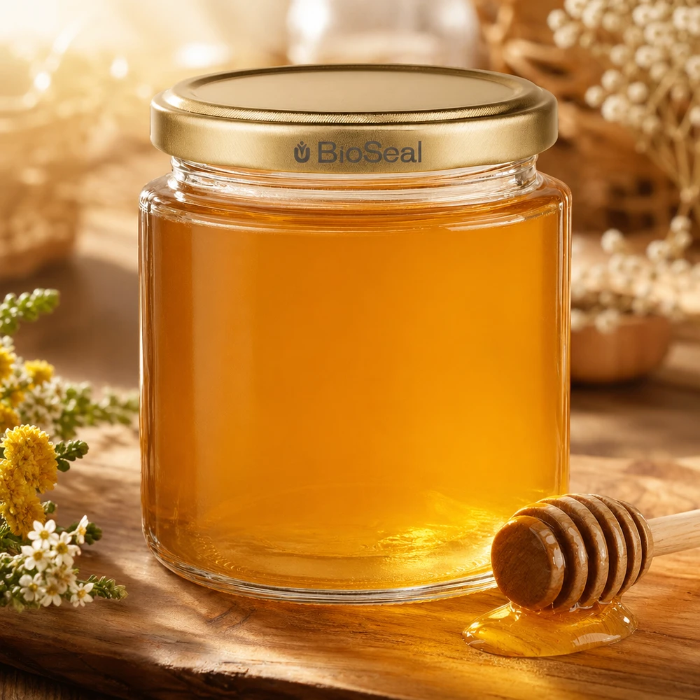 Frasco de mel de 250 ml cheio de mel dourado, tampa BioSeal e colher de mel, apresentação natural com flores