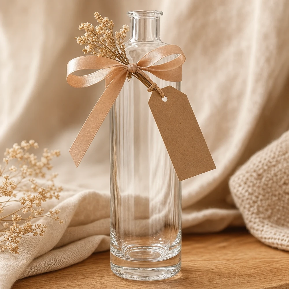 Garrafa de vidro de 500 ml Ella UNiTWIST como presente decorado com fita de cetim pendente flores secas estilo de decoração
