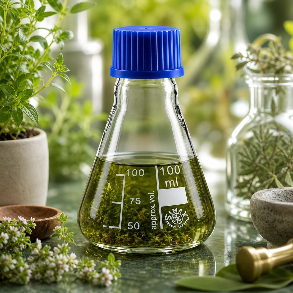 Frasco Erlenmeyer de 100 ml com tampa azul ideal para extractos de plantas e aplicações botânicas