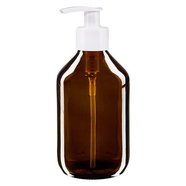 Frasco para medicamentos de 250ml castanho, com bomba doseadora branca ApoGlas Frasco para medicamentos de 250ml castanho, com bomba doseadora branca ApoGlas