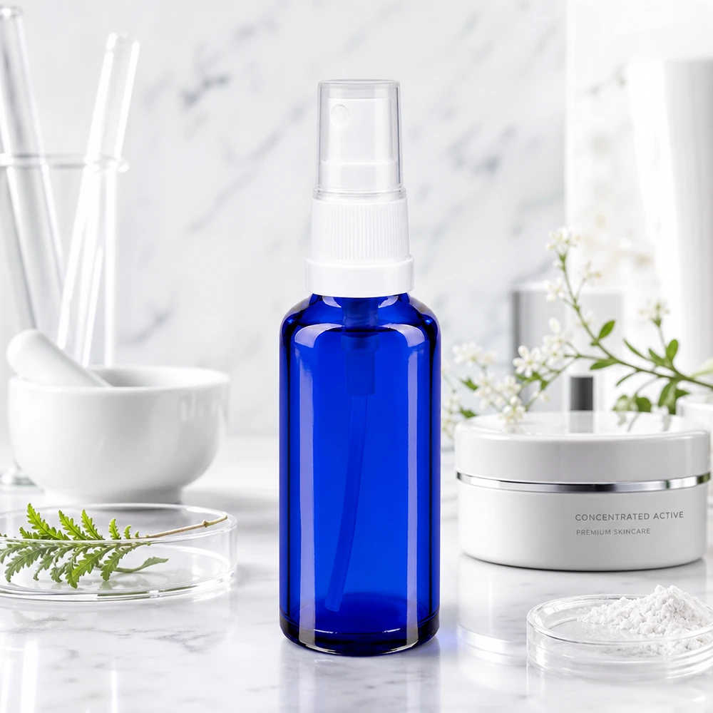 Frasco de vidro de farmácia azul cobalto de 30 ml com pulverizador branco, num ambiente de laboratório de cuidados da pele