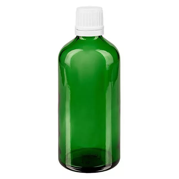Frasco de farmácia verde 100ml tampa conta-gotas 1,2mm branco fecho inviolável Frasco de farmácia verde 100ml tampa conta-gotas 1,2mm branco fecho inviolável