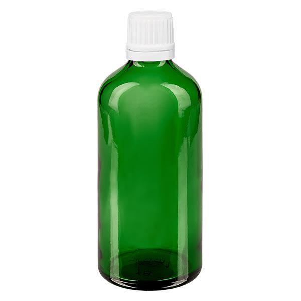 Frasco de farmácia verde 100ml tampa conta-gotas 1,2mm branco fecho inviolável Frasco de farmácia verde 100ml tampa conta-gotas 1,2mm branco fecho inviolável