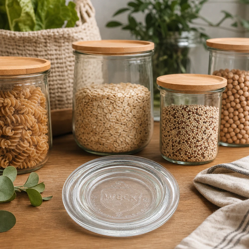 Tampa de vidro WECK RR40 em vidro transparente com tampas de bambu para uma arrumação elegante na cozinha moderna