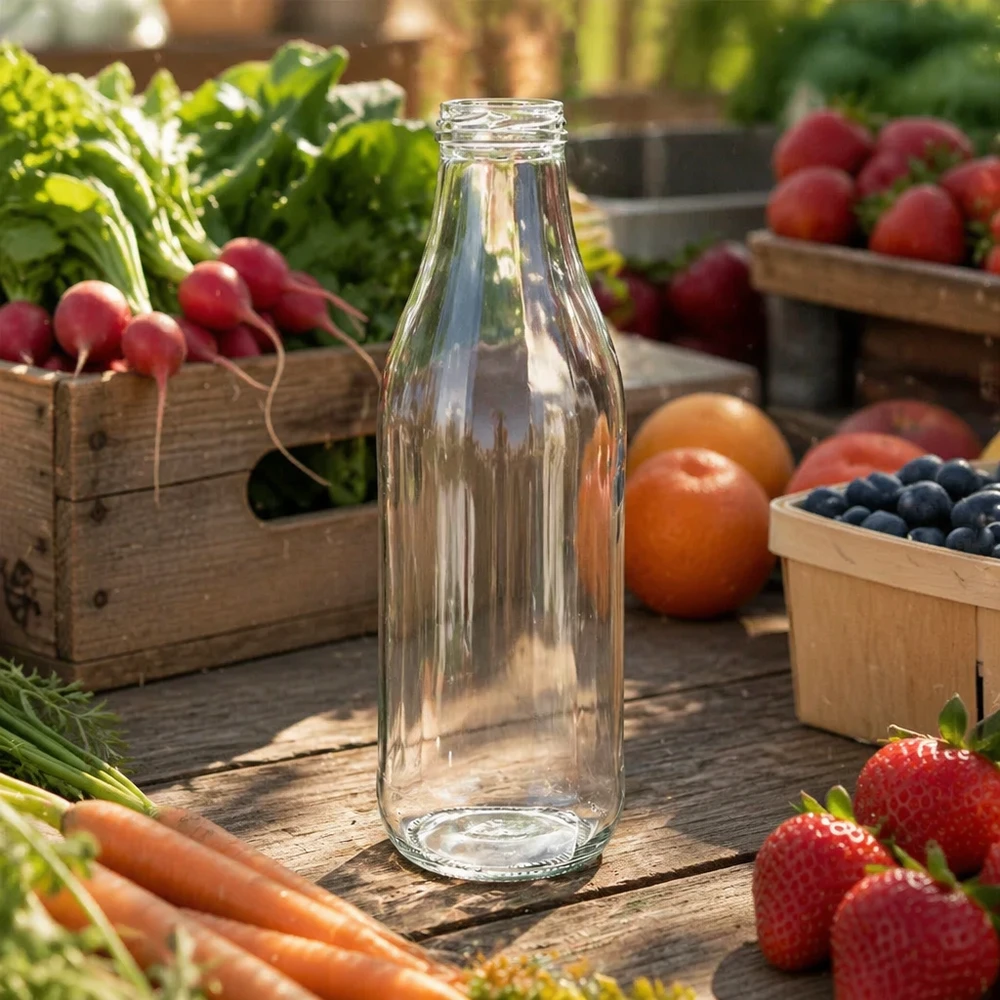Garrafa de vidro UNiTWIST de 1000 ml TO48 vazia em cima de uma mesa de madeira com frutas e legumes frescos Cenário exterior com aspeto natural