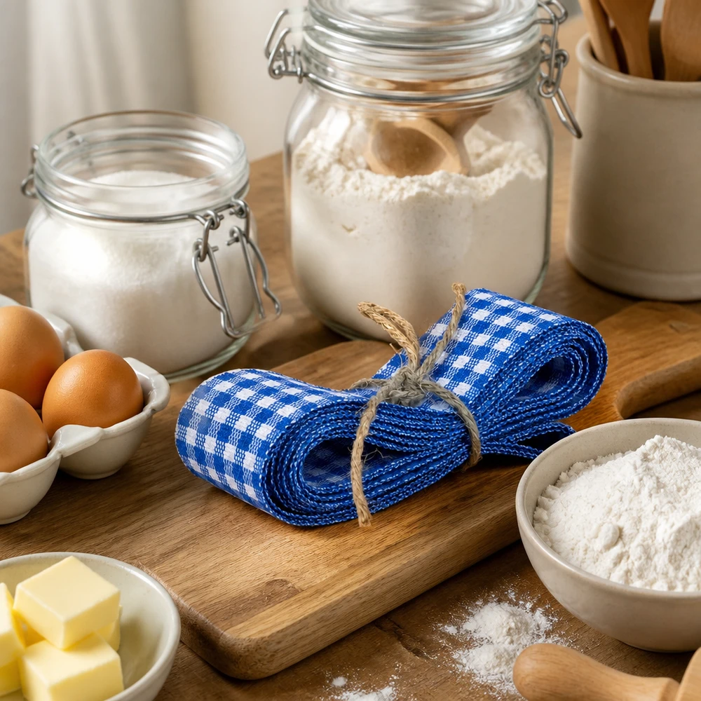 Fita de tecido azul/branca para decoração, 300 cm Fita de tecido axadrezado azul e branco de 300 cm disposta numa tábua de madeira entre os ingredientes de pastelaria, como a farinha, os ovos e a manteiga