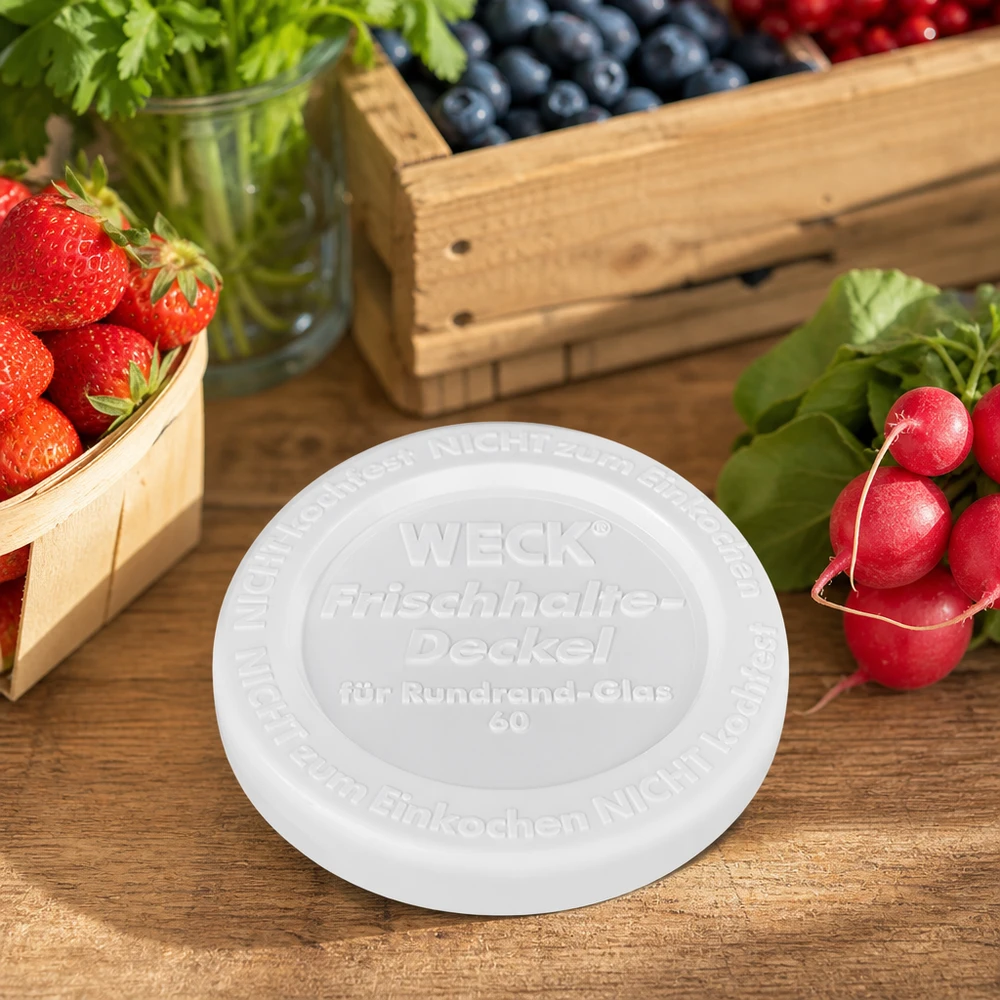 WECK Keep-fresh lid RR60 Lifestyle scene wooden table frutas frescas legumes morangos mirtilos rabanetes ervas aromáticas