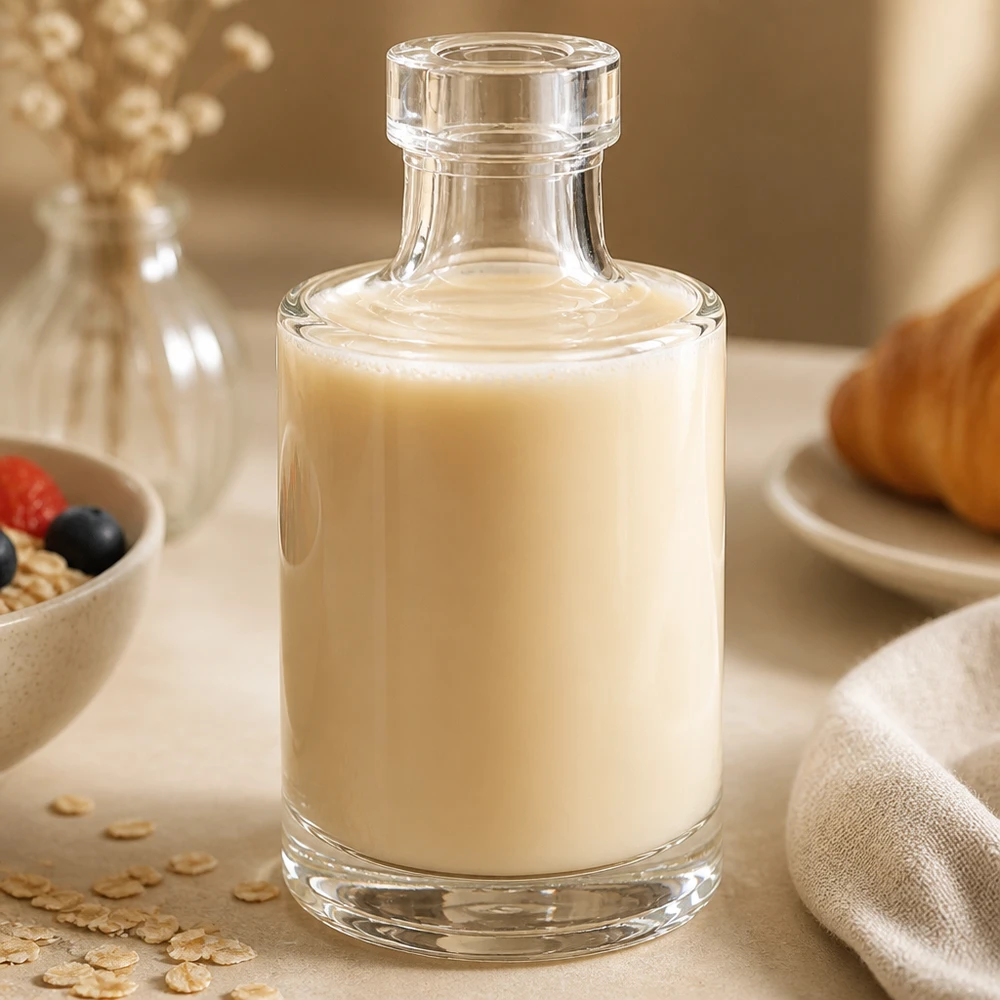 100ml Glasflasche "Marie" ohne Verschluss UNiTWIST Frasco de vidro Marie de 100 ml com conteúdo cremoso num cenário de cozinha elegante com muesli e flocos de aveia como decoração