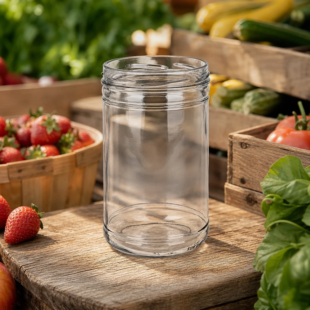 Copos UNiTWIST 1053ml TO100 frasco de conserva vazio entre legumes frescos e morangos sobre tábua de madeira na cozinha