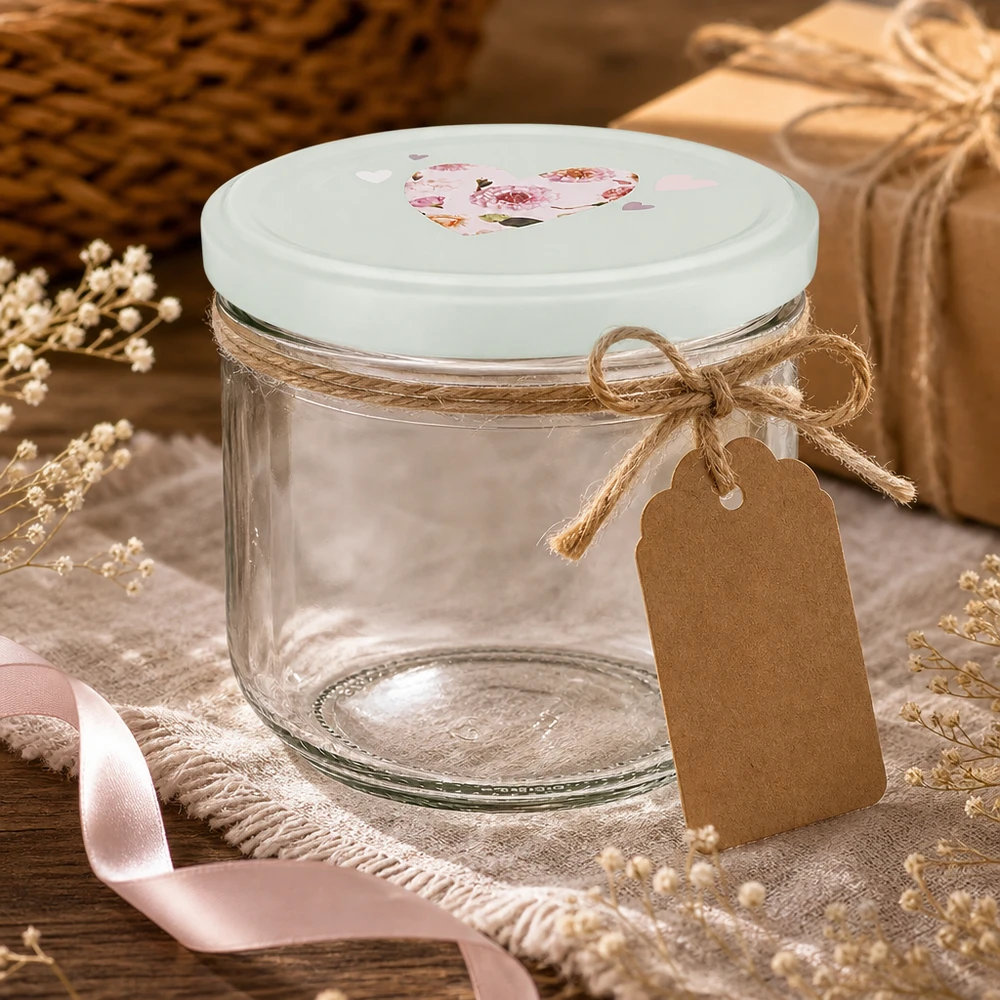 Copos de 260 ml vazios com tampa BasicSeal com motivo de coração, caixa de oferta com cordão de juta e etiqueta, decoração
