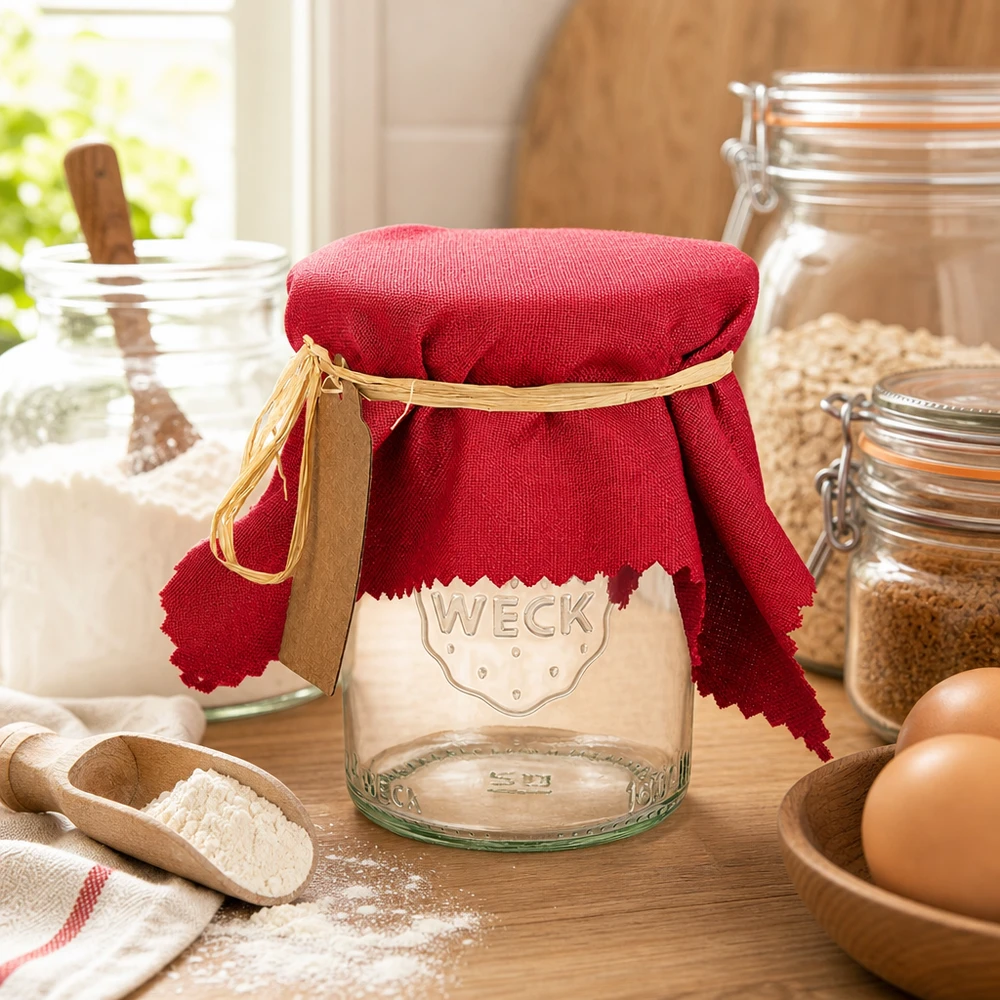 Guardanapo de tecido vermelho bordeaux de 15 cm no frasco WECK com fita de ráfia na cozinha acolhedora de uma casa de campo com ovos e farinha