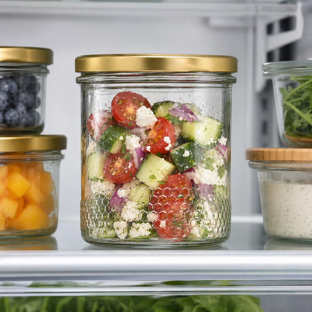 Frasco de mel de 400 ml com tampa BasicSeal UNiTWIST dourado como frasco de salada no frigorífico cheio de salada grega