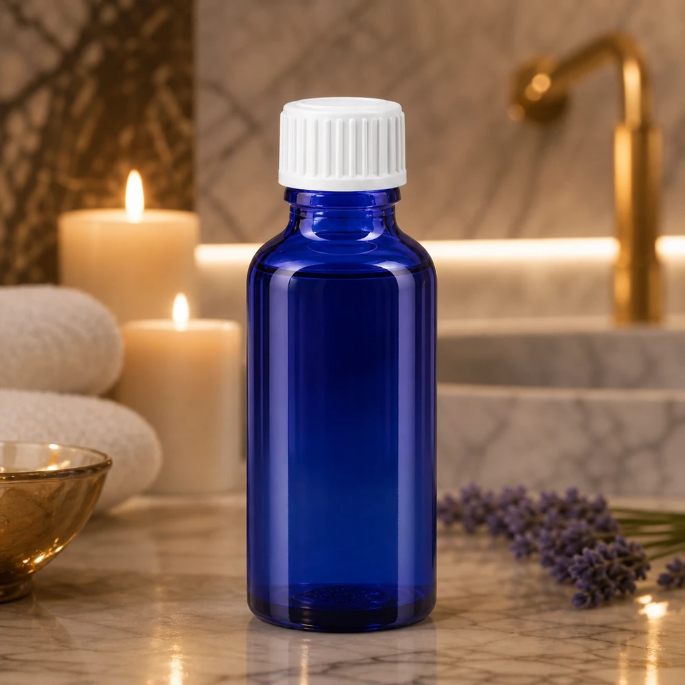 Garrafa de vidro azul de 30 ml com tampa de rosca branca sobre mármore, ao lado de velas e lavanda