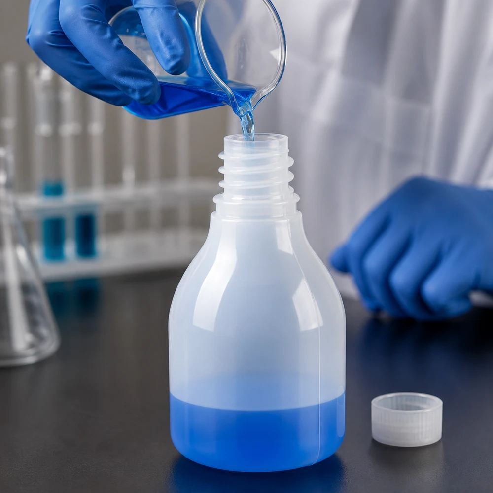 Um frasco de laboratório de gargalo estreito de 30 ml, sem tampa, é enchido com um líquido azul