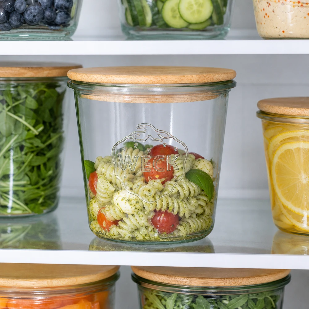 Frasco de vidro WECK de 580 ml com tampa de madeira cheio de salada de massa no frigorífico para guardar alimentos frescos