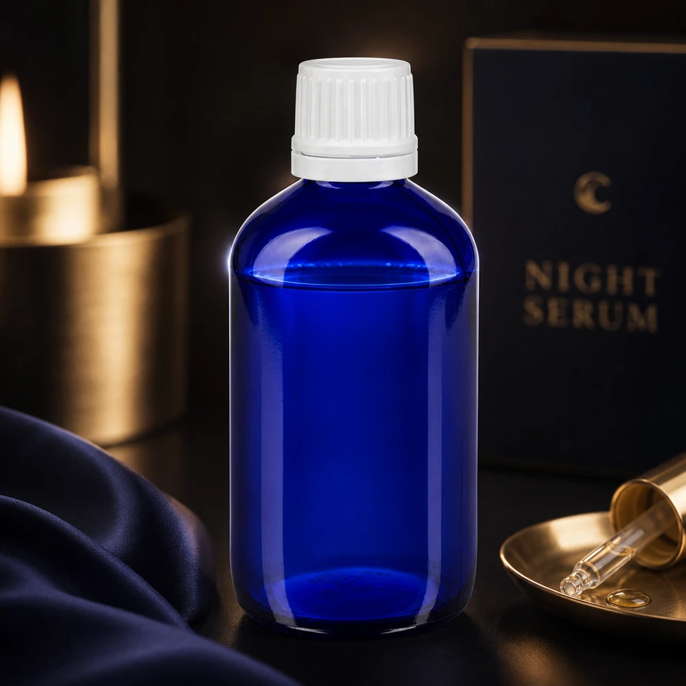 Frasco de farmácia azul de 20 ml com aplicador de gotas de 1,2 mm e tampa de rosca branca com segurança para crianças