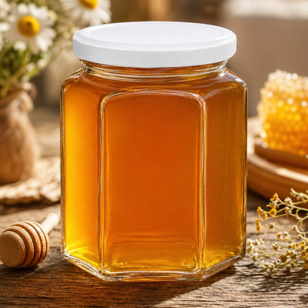 400g Honigglas mit weißem Deckel BasicSeal UNiTWIST Frasco hexagonal de mel de 400 g cheio de mel amarelo dourado rodeado de cera de abelha e camomila sobre uma mesa de madeira