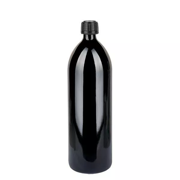 Frasco redondo de vidro violeta (garrafa de água) 1000ml, DIN-CET PP28 STD, incl. tampa de rosca preta 103575 Frasco redondo de vidro violeta (garrafa de água) 1000ml, DIN-CET PP28 STD, incl. tampa de rosca preta 103575