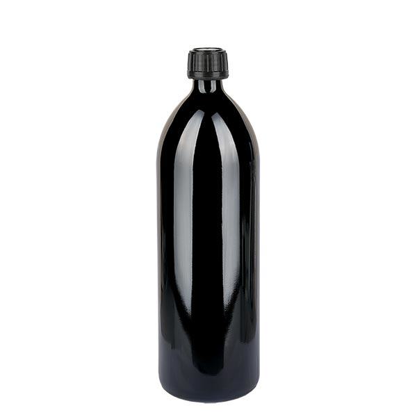 Frasco redondo de vidro violeta (garrafa de água) 1000ml, DIN-CET PP28 STD, incl. tampa de rosca preta 103575 Frasco redondo de vidro violeta (garrafa de água) 1000ml, DIN-CET PP28 STD, incl. tampa de rosca preta 103575