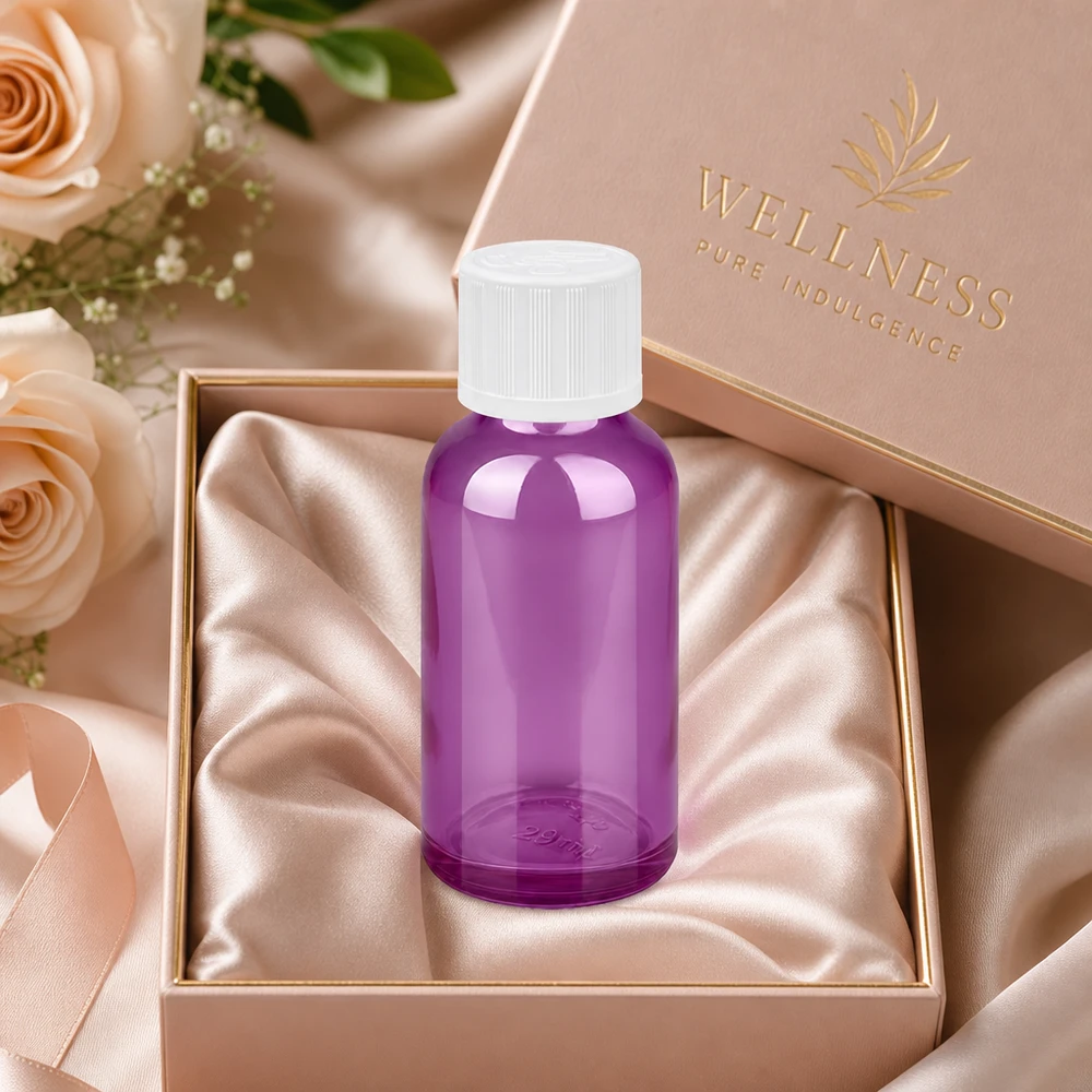 Frasco conta-gotas Premium Wellness 30ml em roxo elegante com acabamento de alta qualidade para cosméticos de luxo