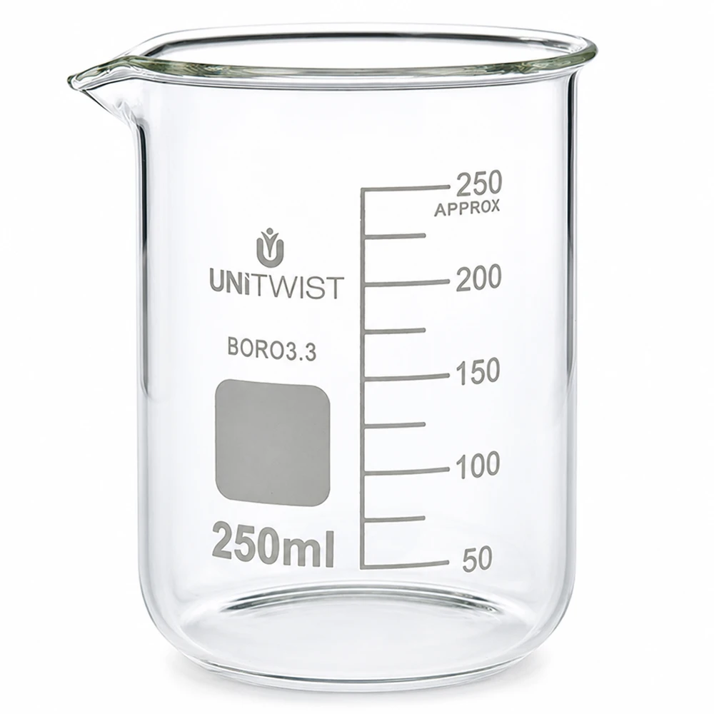 Copo de vidro de 250 ml em borossilicato, formato baixo, modelo UNiTWIST, com escala em mililitros até 250 ml
