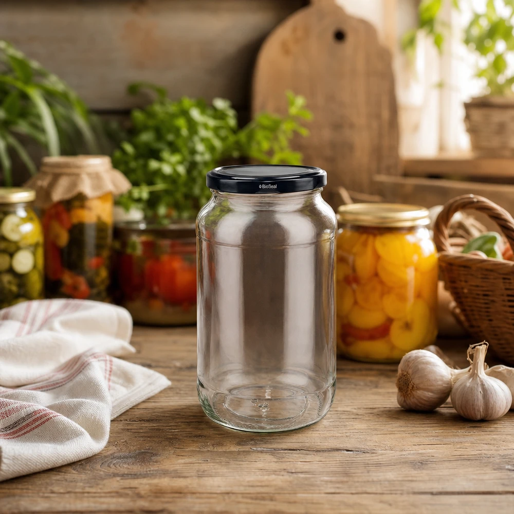 Frasco redondo UNiTWIST 1062 com tampa TO82 BioSeal numa cozinha rústica com frascos de conserva e ervas aromáticas