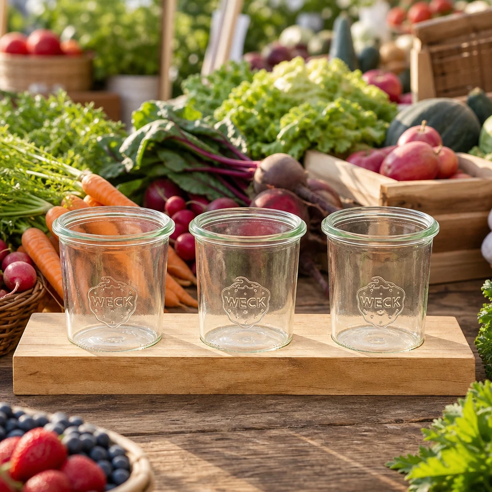 Tábua de servir Plano3 com 3 copos Weck de 160 ml Leere Weck Sturzgläser 160ml auf Holzbrett Plano3 zwischen frischem Gemüse auf Marktstand - ideal für Konserven
