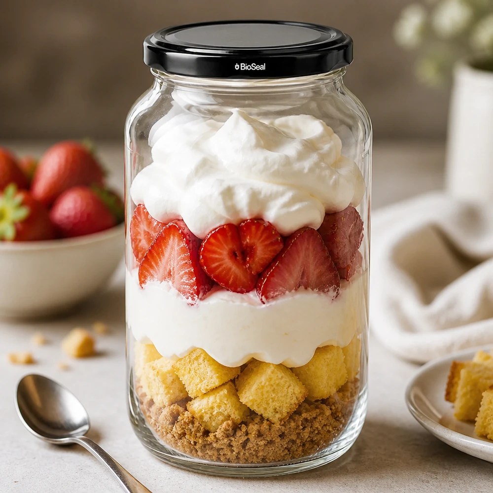 Frasco redondo de 1062 ml com tampa preta UNiTWIST BioSeal UNiTWIST Rundglas 1062 mit schwarzem TO82 BioSeal Deckel als Dessertglas mit Erdbeeren und Sahne Schichtdessert