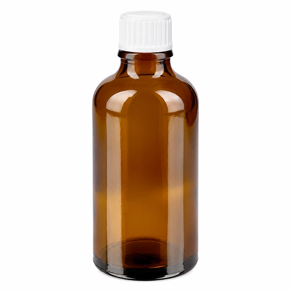 Frasco de vidro castanho de farmácia com 50 ml e tampa de rosca branca de 11 mm