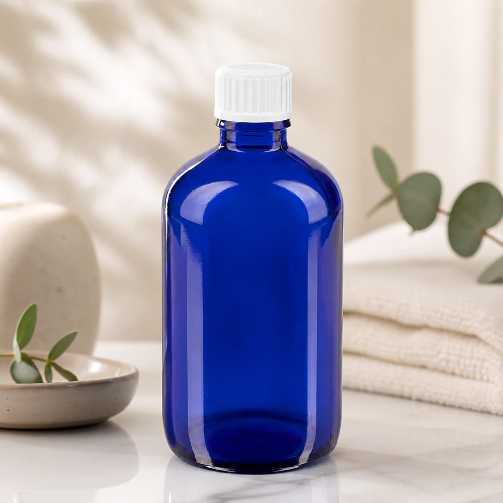 Frasco conta-gotas azul cobalto de 100 ml com tampa de rosca de segurança para crianças, em plástico branco