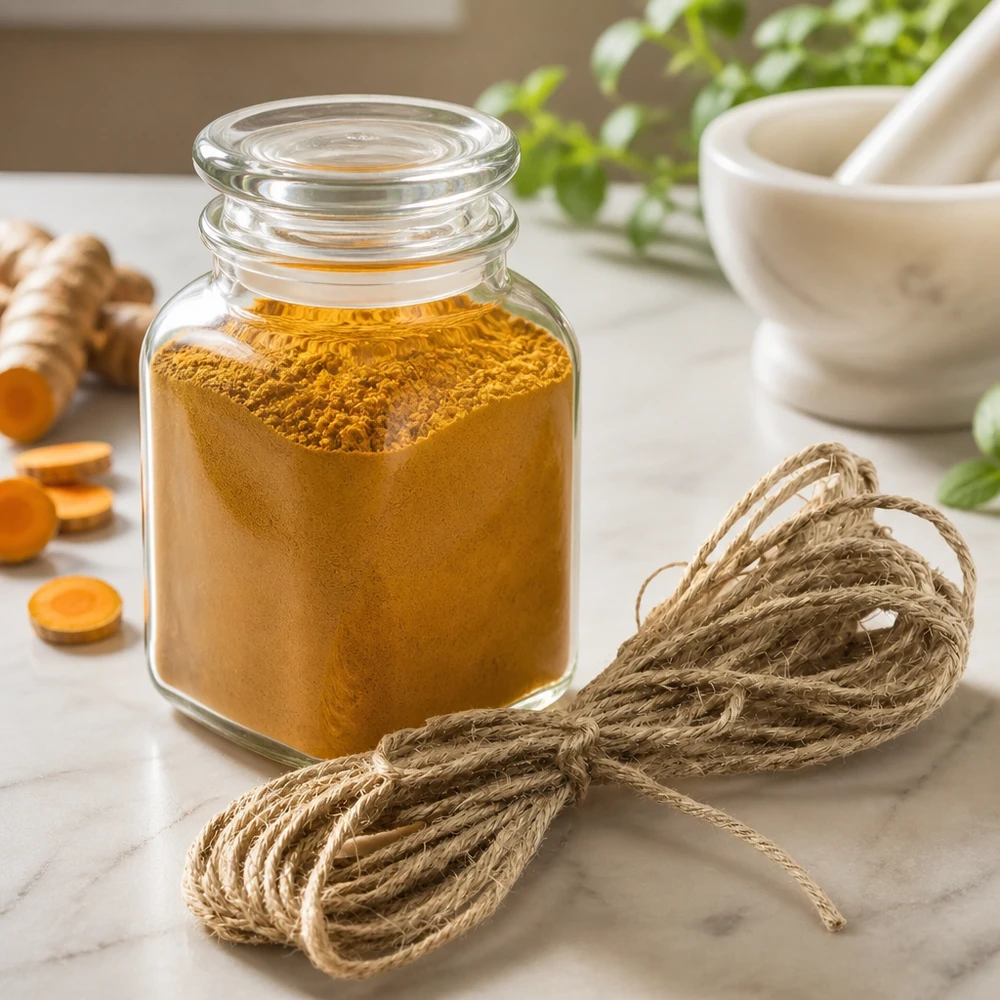 Cordão natural para decoração, com 300 cm de comprimento Cordão de juta natural de 300 cm disposto de forma decorativa com um frasco de especiarias e utensílios de cozinha sobre uma bancada de mármore