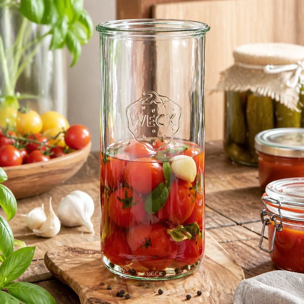 Frasco de vidro de 1500 ml WECK RR100 Frasco de vidro WECK RR100 de 1500 ml com tomates em conserva numa tábua de madeira, rodeado de tomates frescos e frascos de conserva
