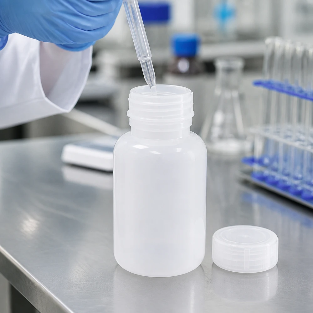250ml Laborflasche Weithals mit Schraubverschluss Handliche 250ml Laborflasche mit Weithalsöffnung beim Befüllen mit einer Transferpipette