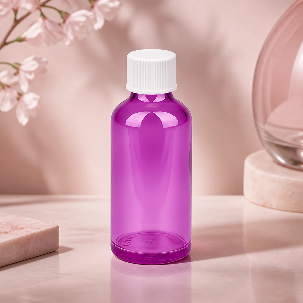 Frasco de 50 ml com tampa de rosca de 11 mm branco padrão PurpleLine UT18/50 Frasco elegante de 50 ml com design PurpleLine e tampa de rosca branca para uma apresentação elegante do produto