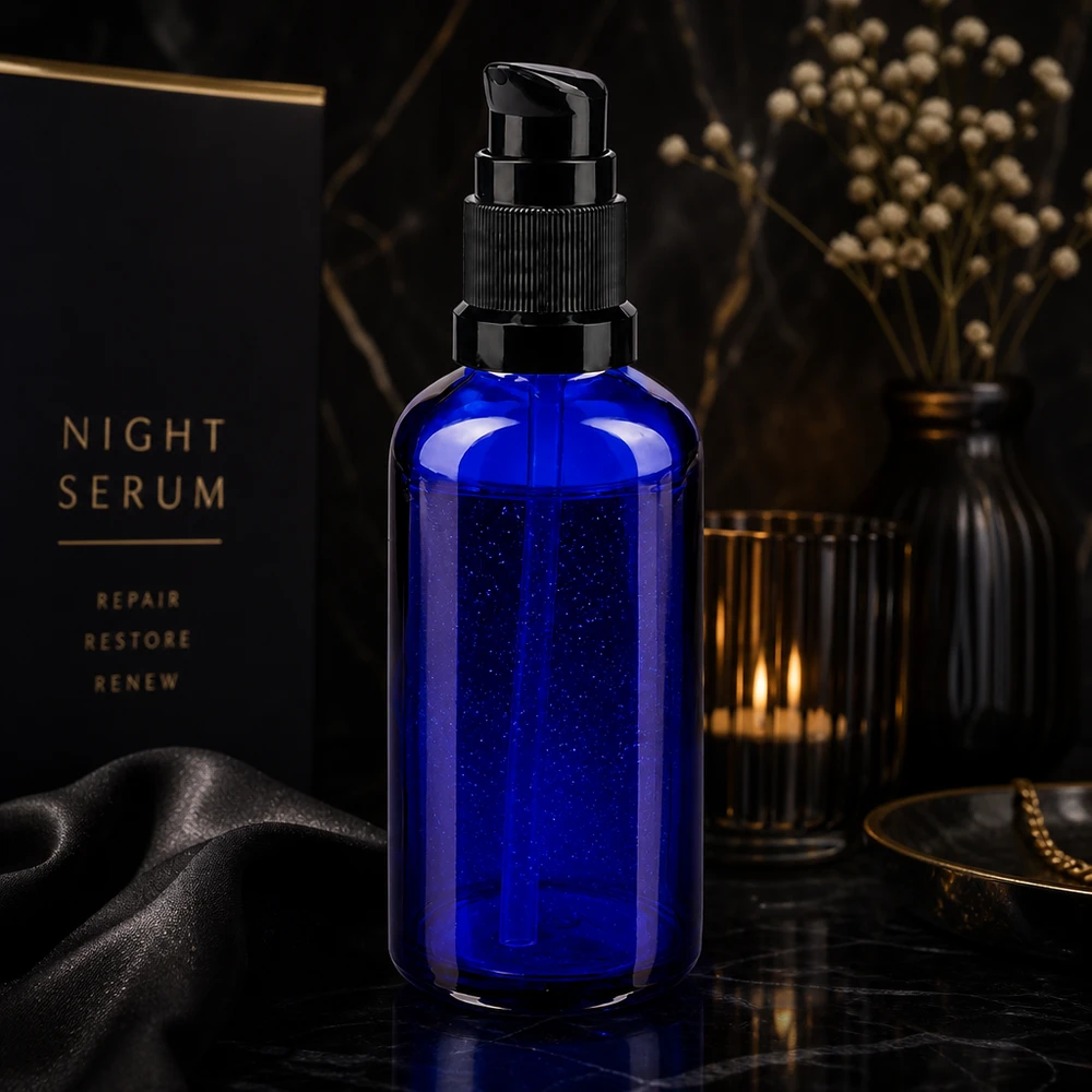Frasco de farmácia azul 50ml tampa da bomba preto padrão Elegante frasco de vidro de farmácia com bomba, de 50 ml, na cor azul, com cabeça dosadora preta, para sérum noturno