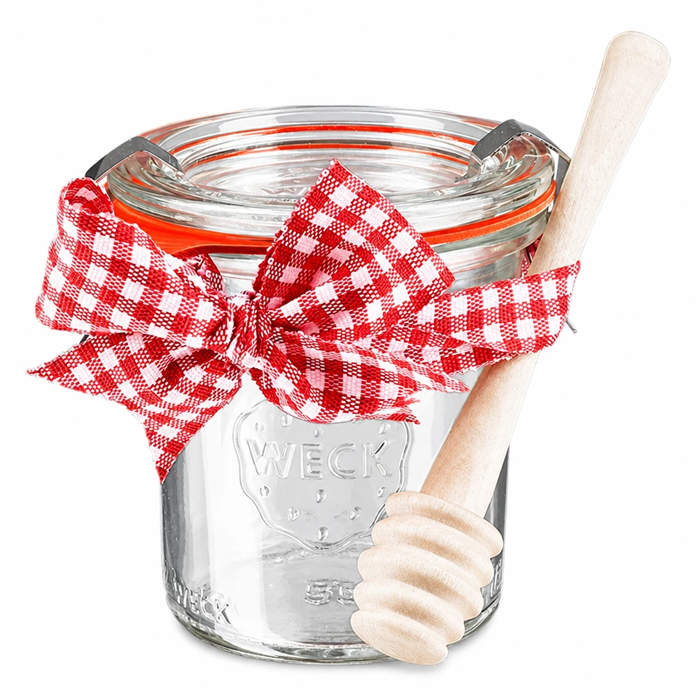 Conjunto completo de mini frasco de pedreiro WECK de 140 ml com tampa, laço vermelho e colher de mel de madeira
