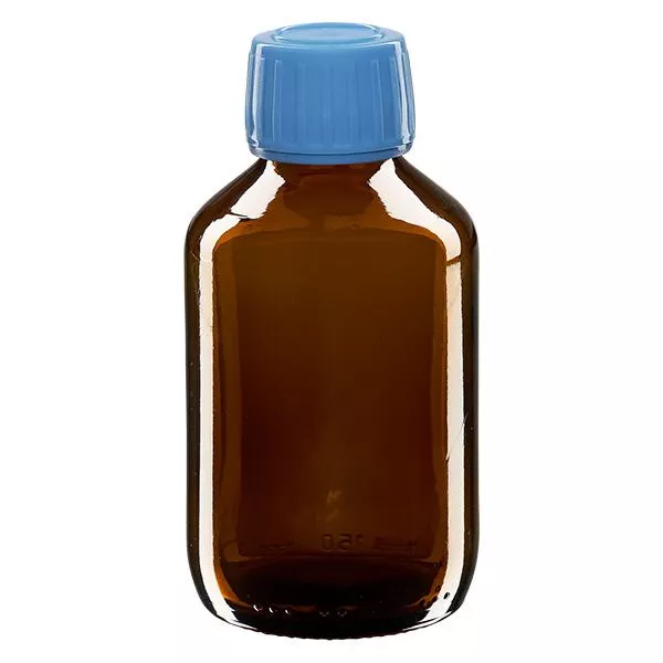 Frasco de remédio de 150ml marrom, tampa azul com anel inviolável ApoGlas Frasco de remédio de 150ml marrom, tampa azul com anel inviolável ApoGlas