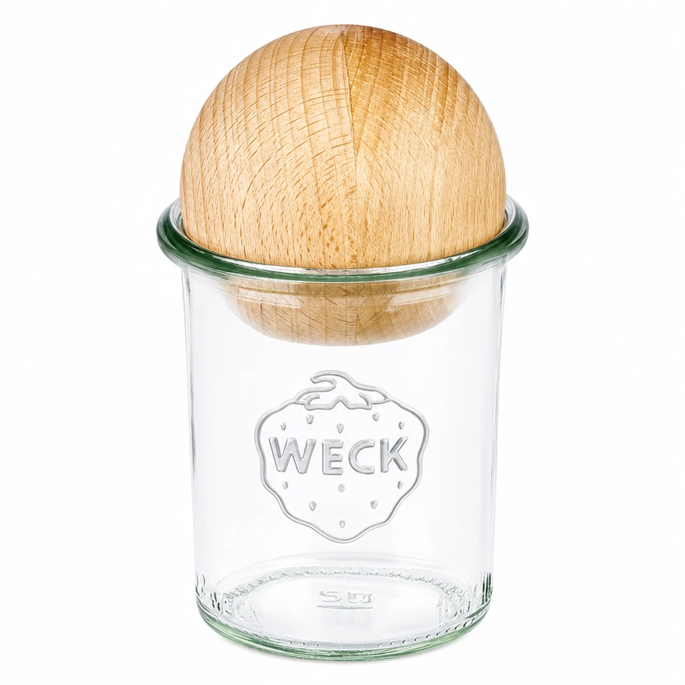 Frasco de vidro WECK RR60 de 160 ml com tampa esférica de madeira de faia, frasco de conserva transparente com tampa de madeira